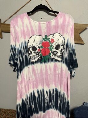 torrid Pink Tie-Dye Dress with Black Skulls and Red Rose Graphic